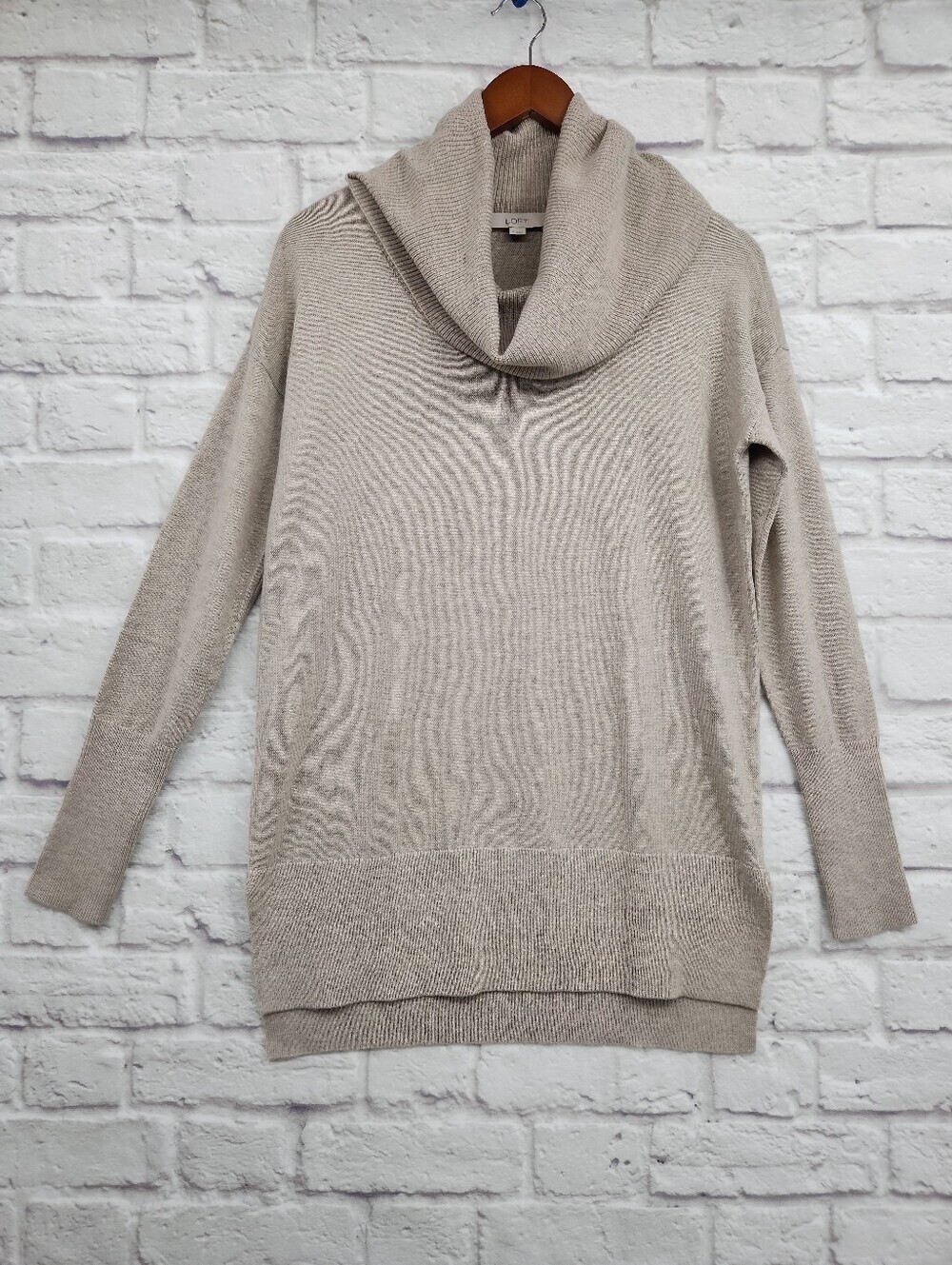 LOFT Cowl Neck Tunic Sweater Size Small Beige Oatmeal Soft Knit Cozy Minimalist